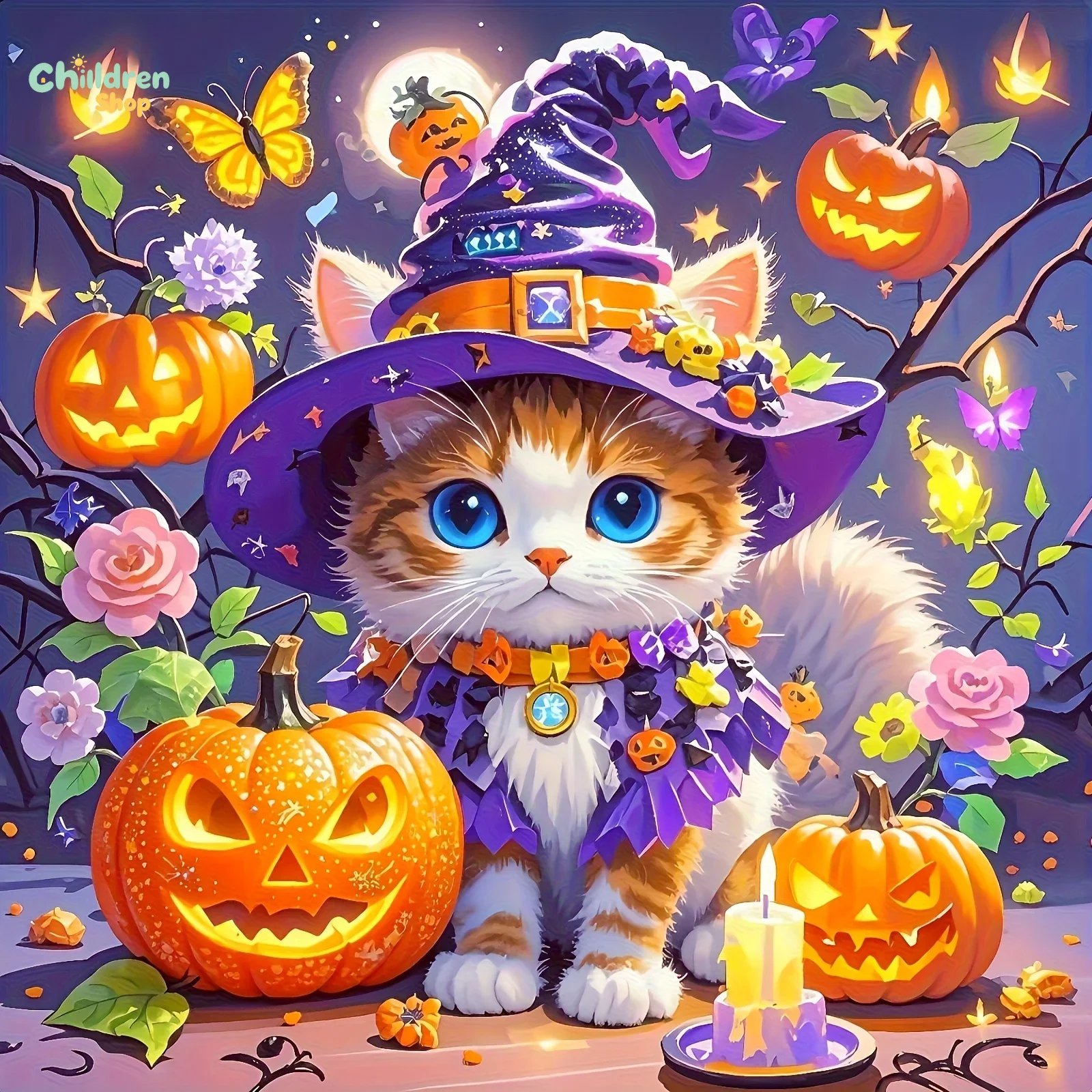 Resin Art Work - ハロウィーンの魔法使い猫のダイヤモンドペイントキット。正方形と円形のモザイクを使用した、手作りのアート作品で、お部屋の装飾に最適。DIYで楽しめる新商品。フレームは付属しません。