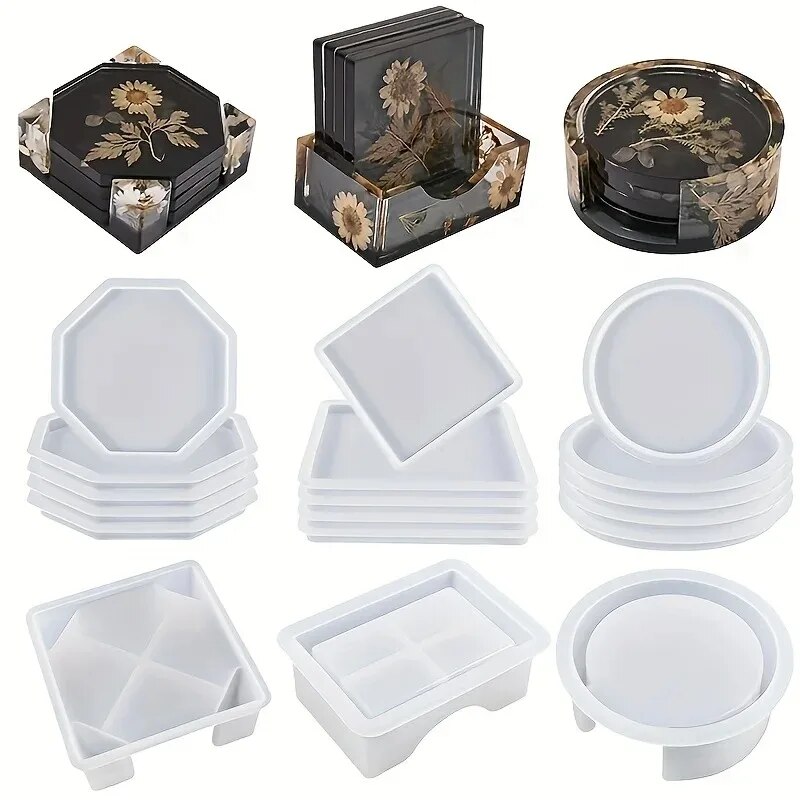 Resin Art Case - コースター樹脂モールドセットには、コースター収納ボックスモールド1個、エポキシ樹脂用シリコーン樹脂コースターモールド4個が含まれます。