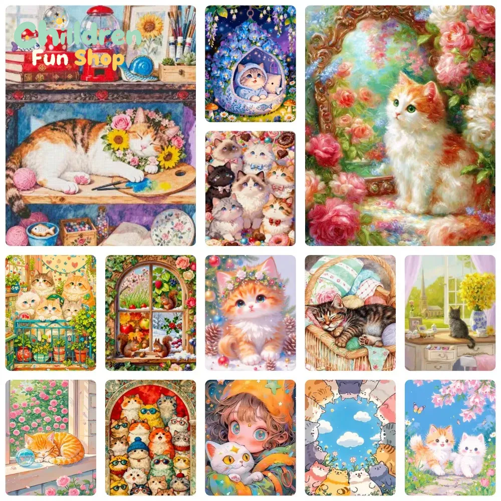 Resin Art Work - ダイヤモンドペイント、愛らしいふわふわの子猫とバラの花の風景、モザイク模様のハンドメイドアート、丸型/角型ダイヤモンド、ギフト、インテリア装飾。